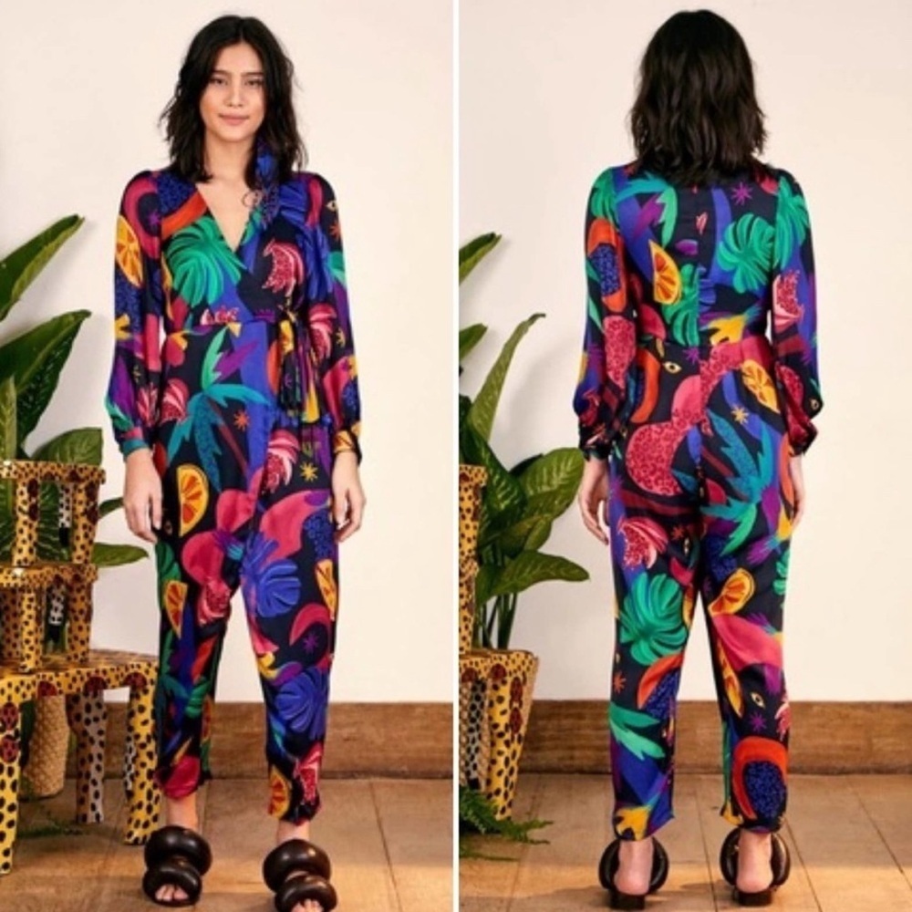 NWT Farm Rio Mystic Jungle Wrap Black Colorful Romper Jumpsuit One Piece Small